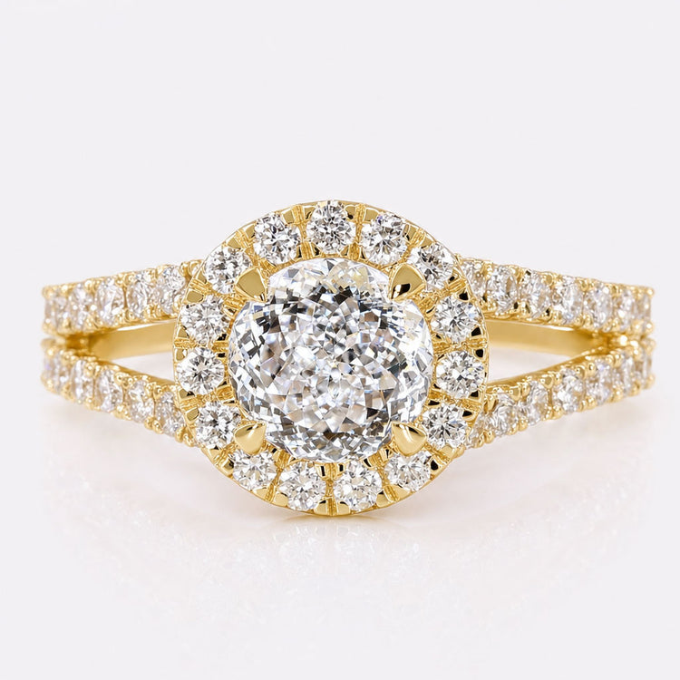 Portuguese Cut Lab-Grown Diamond Split Shank Pavé Halo 1 CT Ring