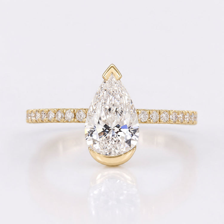 Pear Shaped Lab-Grown Diamond Half Bezel Set, Pavé Band Ring 1 - 2 CT