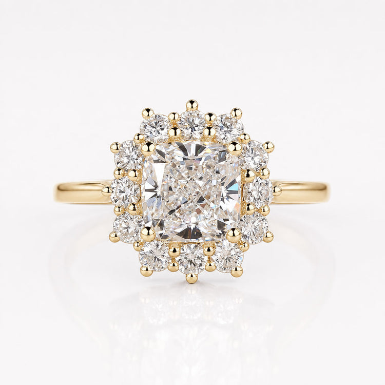 Cushion Lab-Grown Diamond Cathedral Cluster Halo Tapered Shank Ring 1 – 2 CT