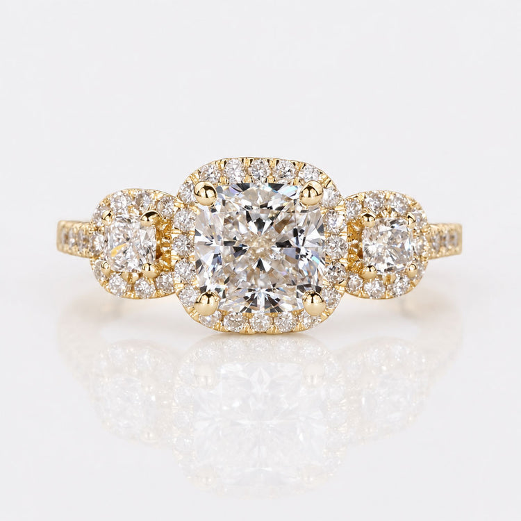 Cushion Lab-Grown Diamond Halo Three Stone Pavé Ring