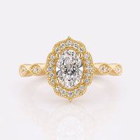 Oval Cut Lab-Grown Diamond Scalloped Halo Milgrain Vintage Ring 1 – 2 CT
