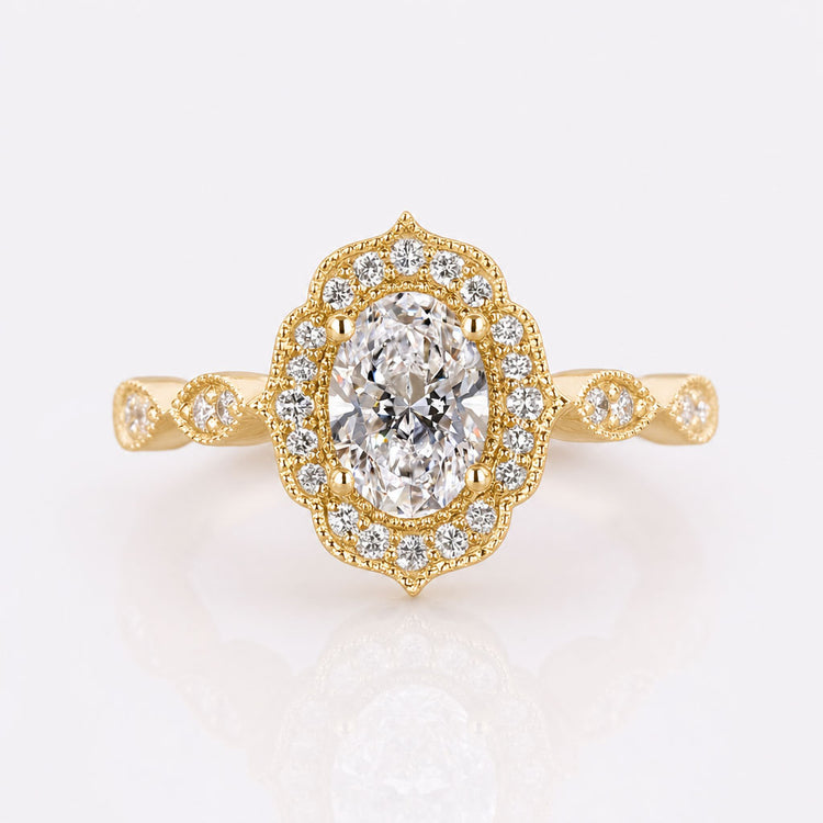 Oval Cut Lab-Grown Diamond Scalloped Halo Milgrain Vintage Ring 1 – 2 CT