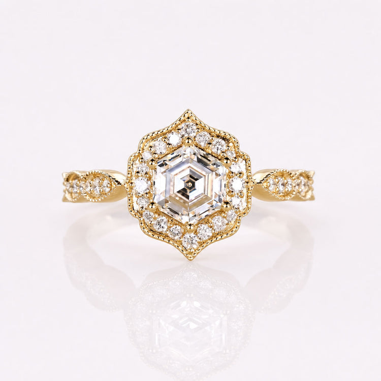 Hexagon Cut Lab-Grown Diamond Vintage Milgrain Pavé Ring 1 - 2 CT