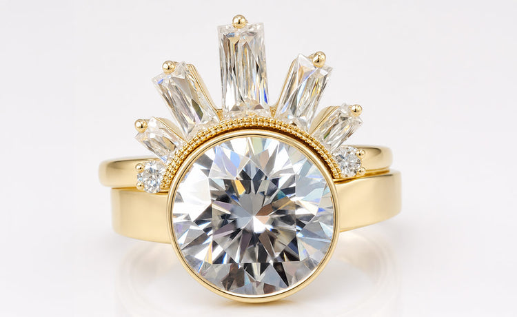 Antique cut moissanite bridal set with a matching engagement ring and wedding band