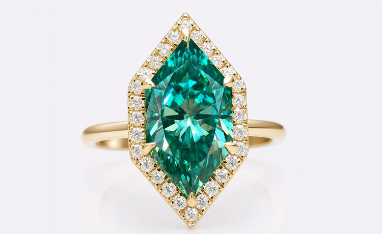 Antique cut moissanite halo ring framed by pave set stones