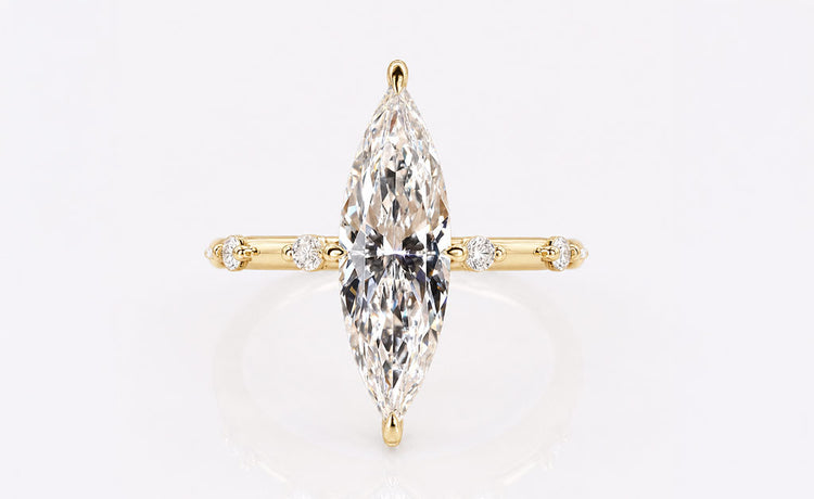 Antique marquise cut lab grown diamond ring with an elongated centre stone