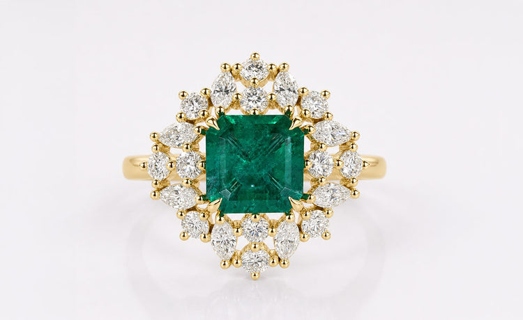 Asscher cut lab grown diamond halo ring framed by pave set diamonds