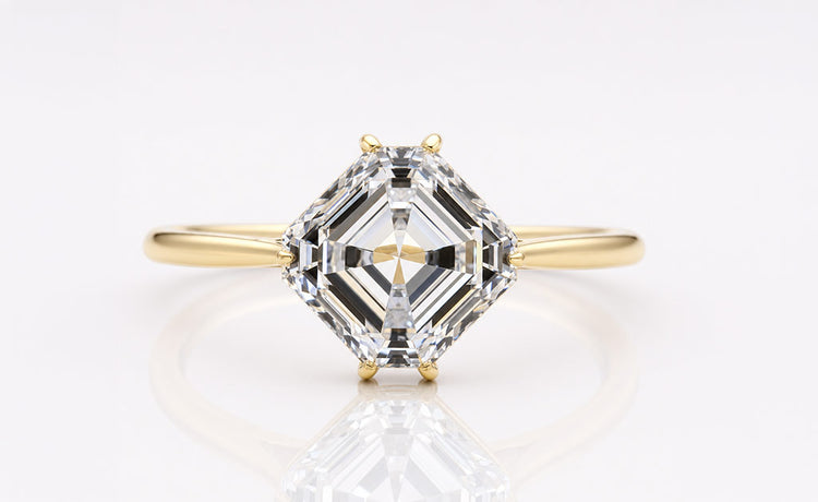 Asscher cut lab grown diamond jewellery including rings and earrings in solid gold