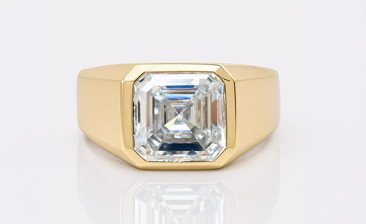 Men's asscher cut moissanite ring in a solid gold band