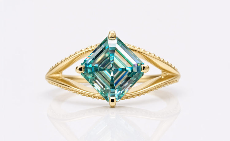 Asscher cut moissanite engagement ring with a square step cut centre stone