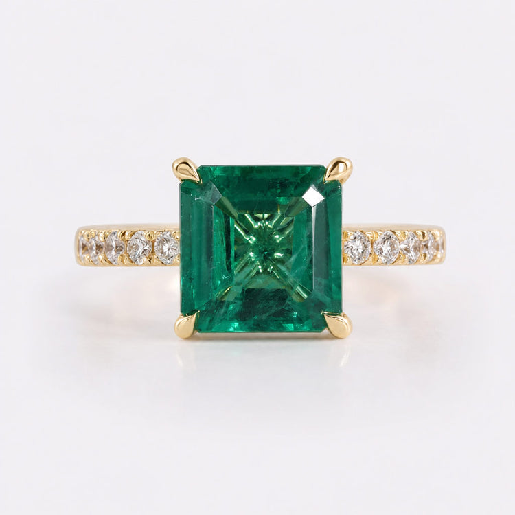 Asscher cut lab grown diamond ring with a pave set diamond band