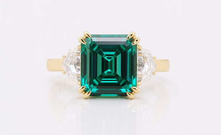 Asscher cut moissanite three stone ring with a centre stone and two side stones