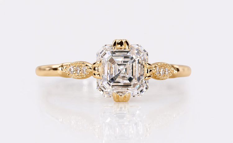Vintage style asscher cut lab grown diamond ring with milgrain detailing