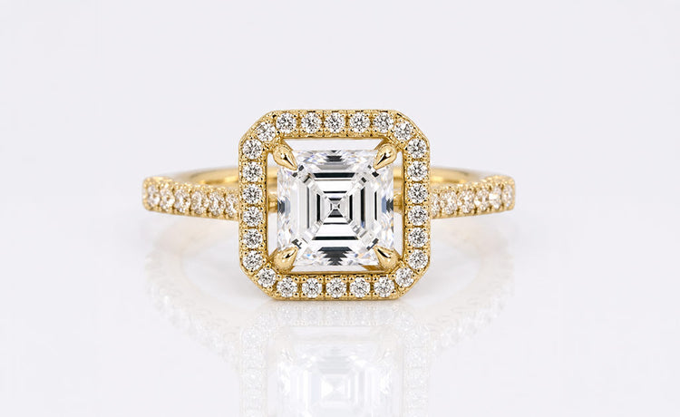 Asscher cut lab grown diamond engagement ring with a square step cut stone