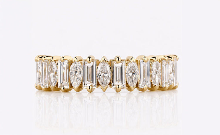 Baguette and marquise cut lab grown diamond ring in a solid gold setting