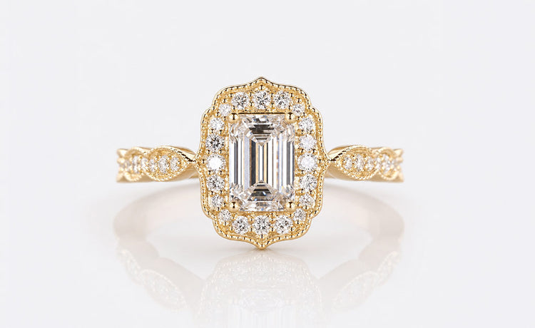 Vintage style emerald cut lab grown diamond ring with milgrain detailing