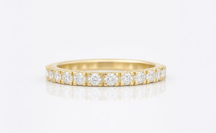 Eternity wedding band with stones set continuously around a solid gold ring