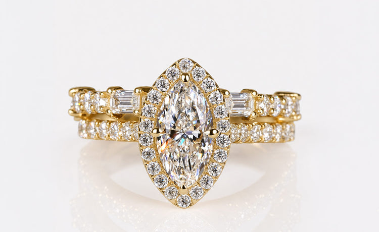 Marquise cut lab grown diamond bridal set with a matching engagement ring and band