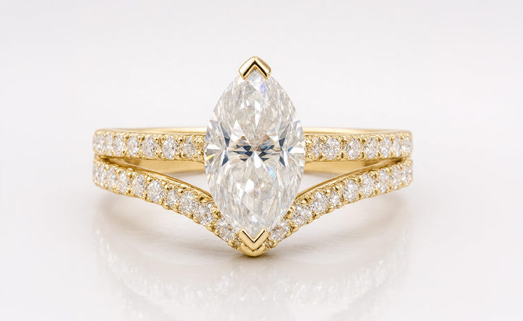 Marquise cut moissanite bridal set with a matching engagement ring and wedding band
