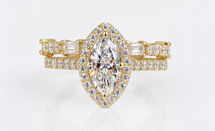 Marquise cut lab grown diamond halo ring framed by pave set diamonds