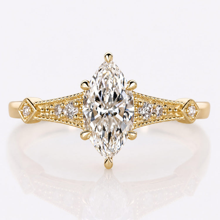 Marquise shaped lab grown diamond engagement ring in a solid gold setting