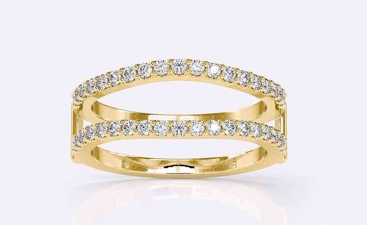 Moissanite anniversary ring with a continuous row of round brilliant cut stones in gold