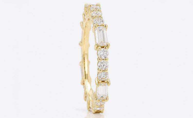 Moissanite eternity wedding band with stones set continuously around the band