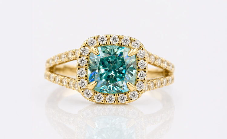 Cushion cut moissanite halo engagement ring with a pave set diamond band in white gold