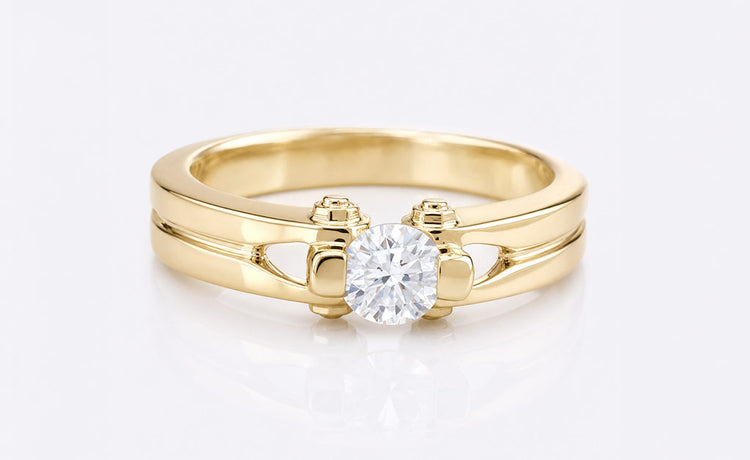 Men's moissanite engagement ring with a brushed solid gold band