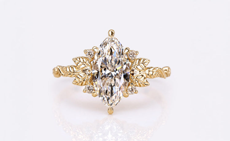 Nature inspired lab grown diamond engagement ring with organic gold detailing