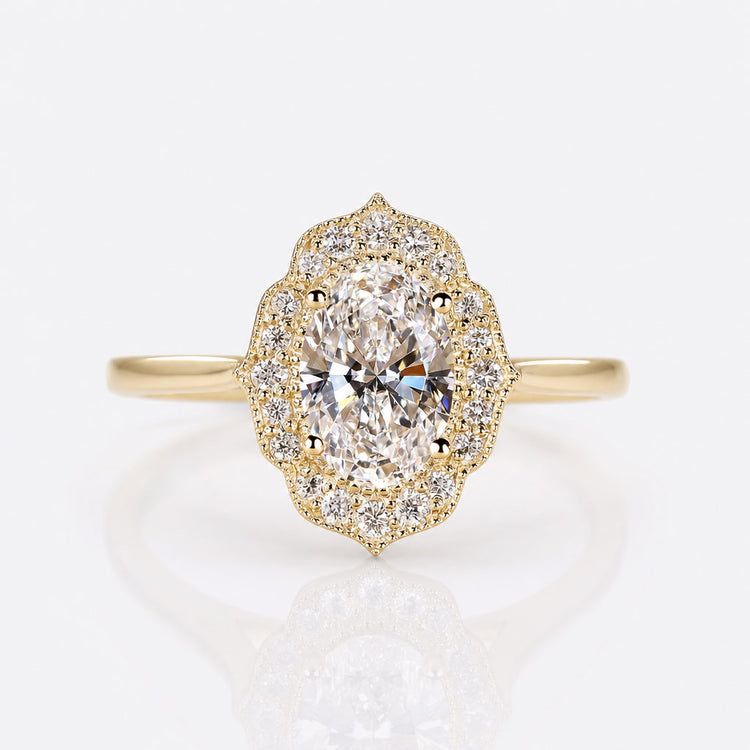 Vintage style oval cut lab grown diamond ring with milgrain detailing