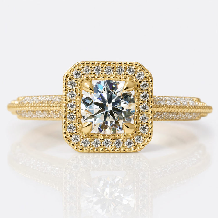 Pave engagement ring with small stones set along the band in solid gold