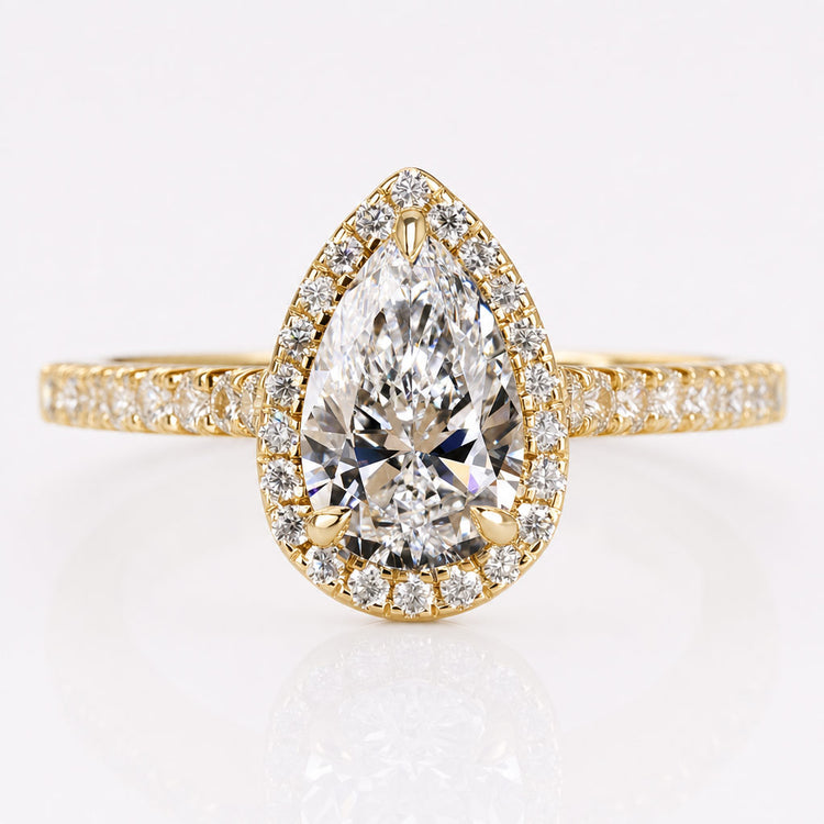 Pear cut lab grown diamond jewellery including rings, pendants and earrings