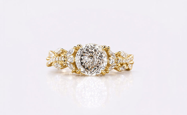 Portuguese cut lab grown diamond engagement ring with layered brilliant faceting