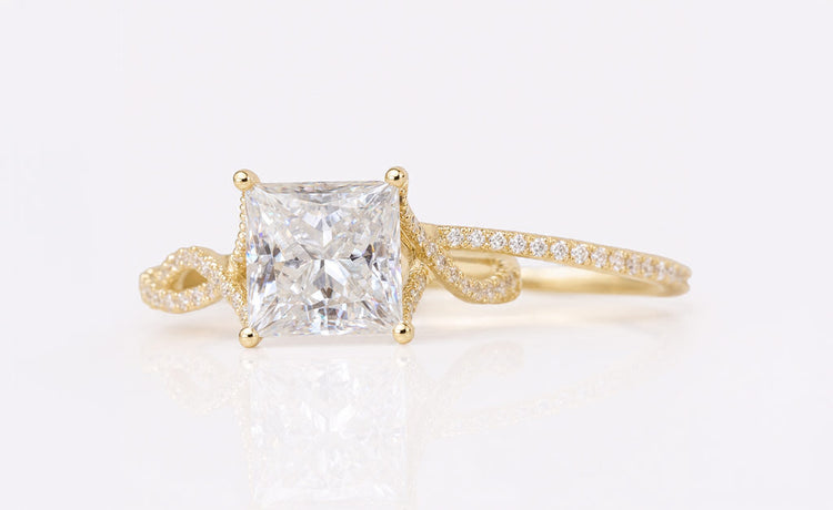 Princess cut moissanite bridal set with a matching engagement ring and band