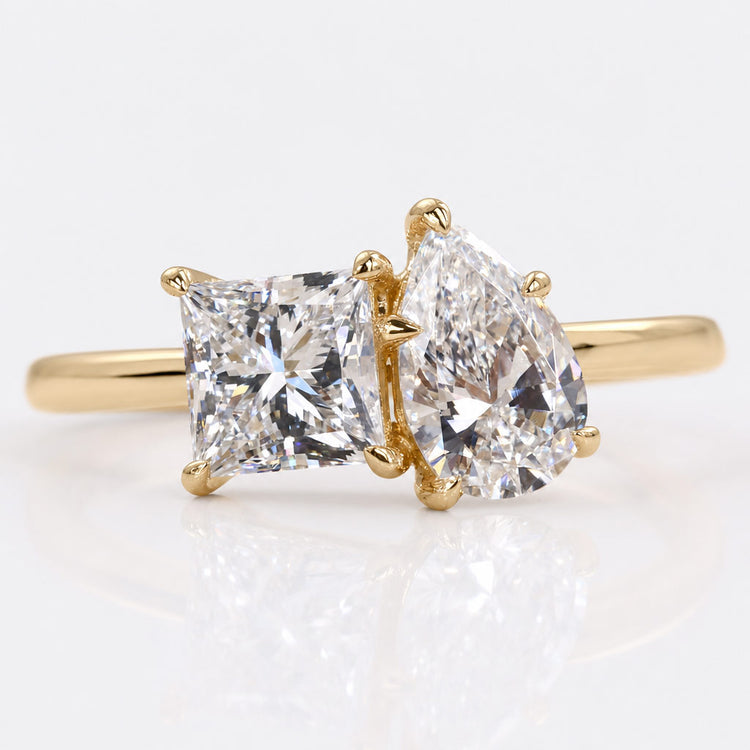 Princess cut lab grown diamond toi et moi ring with two stones set side by side