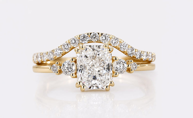 Radiant cut lab grown diamond bridal set with a matching engagement ring and band
