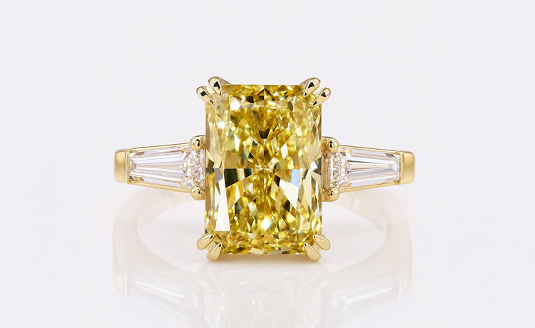 Radiant cut coloured lab grown diamond ring with a tinted centre stone