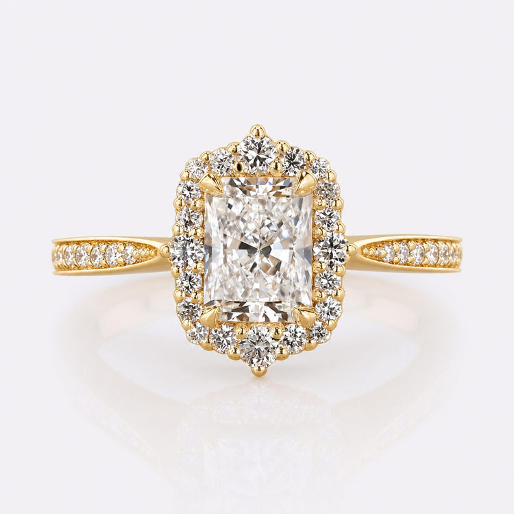 Radiant cut lab grown diamond halo ring framed by pave set diamonds