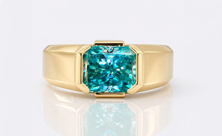 Men's radiant cut moissanite ring in a solid gold band