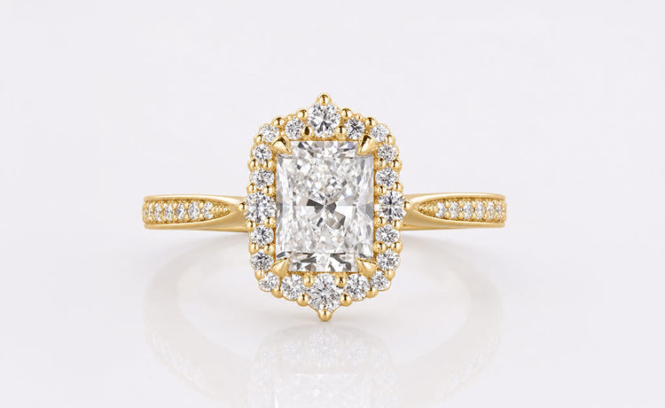 Vintage style radiant cut lab grown diamond ring with milgrain detailing