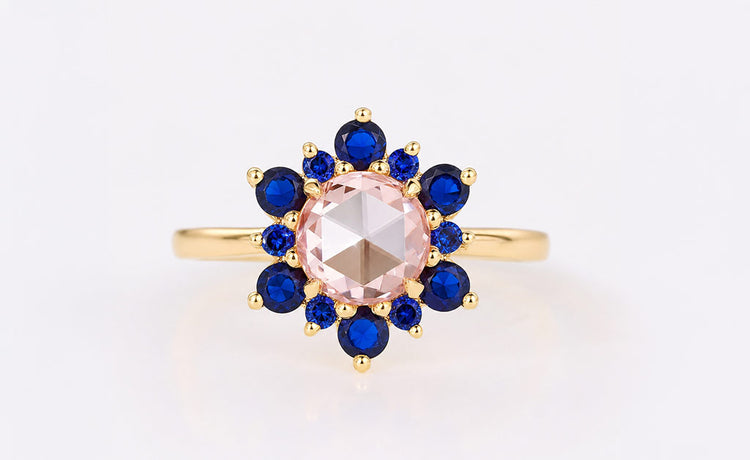 Rose cut lab grown diamond halo ring framed by pave set diamonds