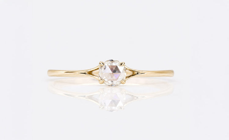 Rose cut lab grown diamond ring with a soft vintage inspired sparkle