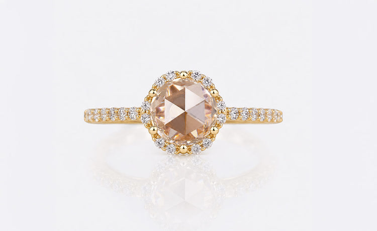 Rose cut lab grown diamond ring with a pave set diamond band