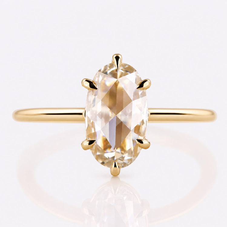 Rose cut lab grown diamond solitaire ring on a plain solid gold band