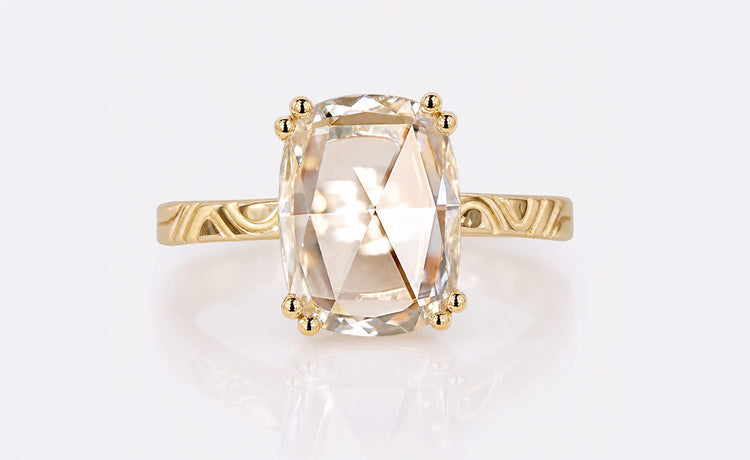 Vintage style rose cut lab grown diamond ring with milgrain detailing