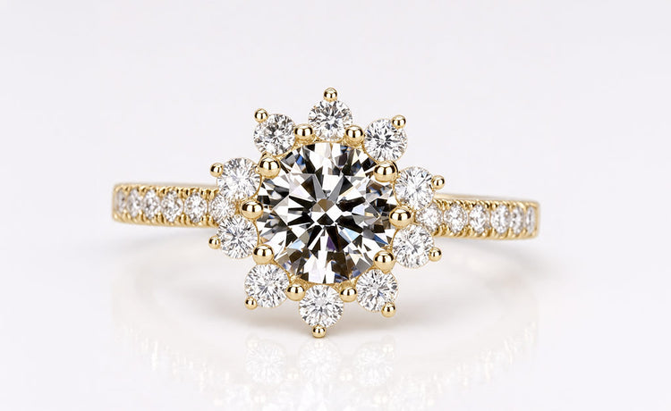 Round cut lab grown diamond halo ring framed by pave set diamonds