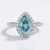 1.82 TCW Cyan Blue Pear Cut Halo Pave Moissanite Ring - Silver - Size N