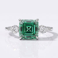 1.85 TCW Asscher Step Cut Green Moissanite Three Stone Ring - Silver - Size N