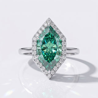 Dutch Marquise Cut Green Moissanite Pavé Halo Ring 2.75 CT - Silver - Size M